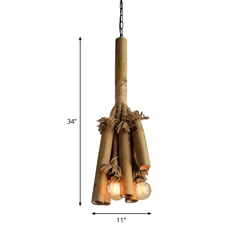 Almacenamiento de lámpara de araña tubular de cuerda 3 cabezas de restaurante accesorio de iluminación colgante de bambú en marrón con diseño de bombilla abierta