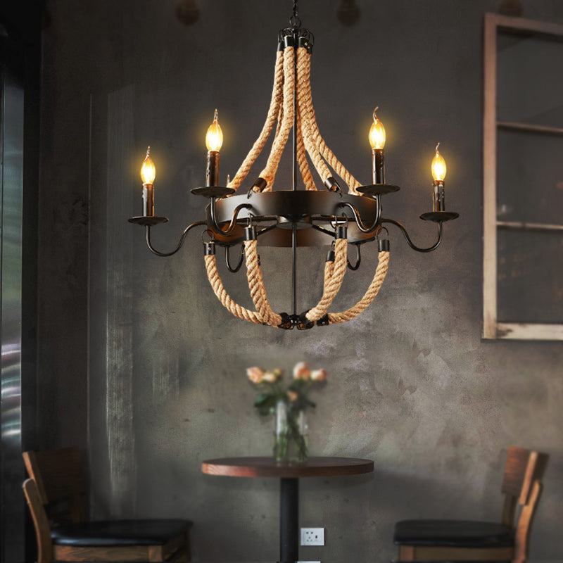 Industrial Candelabra Pendant Chandelier 6 Lights Rope Hanging Ceiling Light in Black with Metal Circle Design