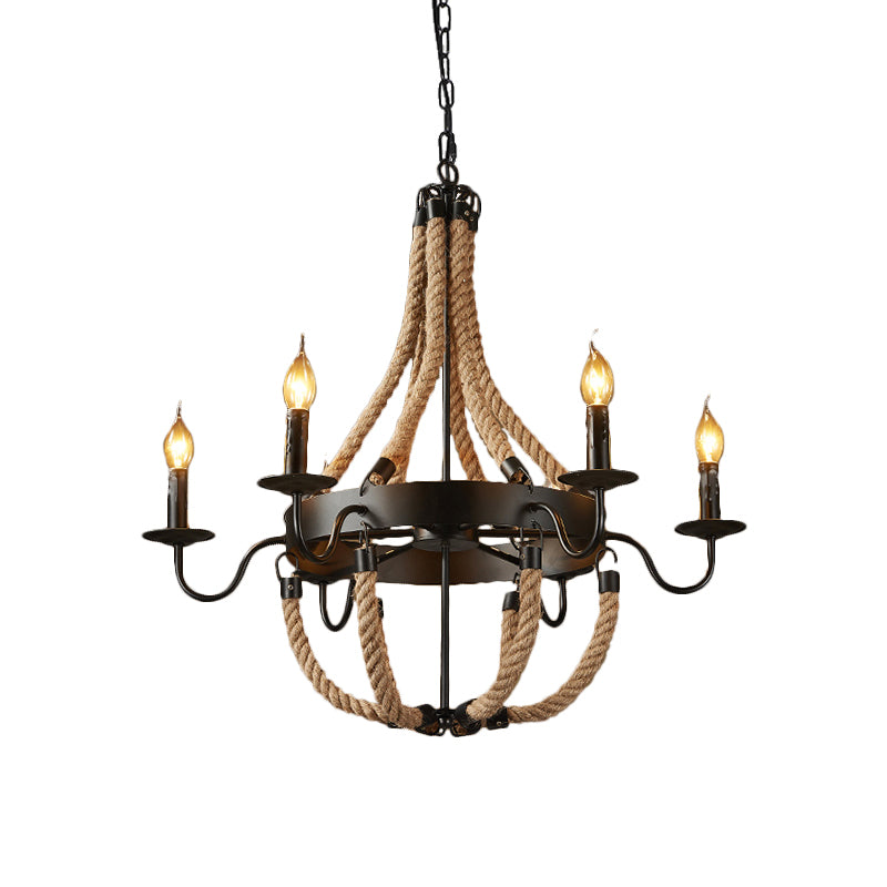 Industrial Candelabra Pendant Chandelier 6 Lights Rope Hanging Ceiling Light in Black with Metal Circle Design