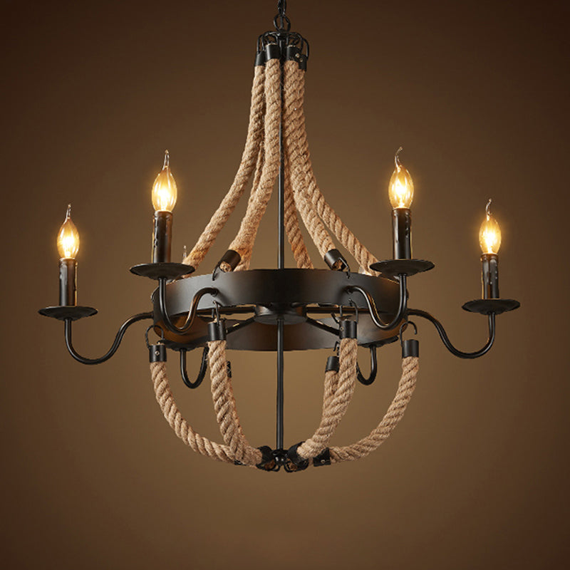 Industrial Candelabra Pendant Chandelier 6 Lights Rope Hanging Ceiling Light in Black with Metal Circle Design