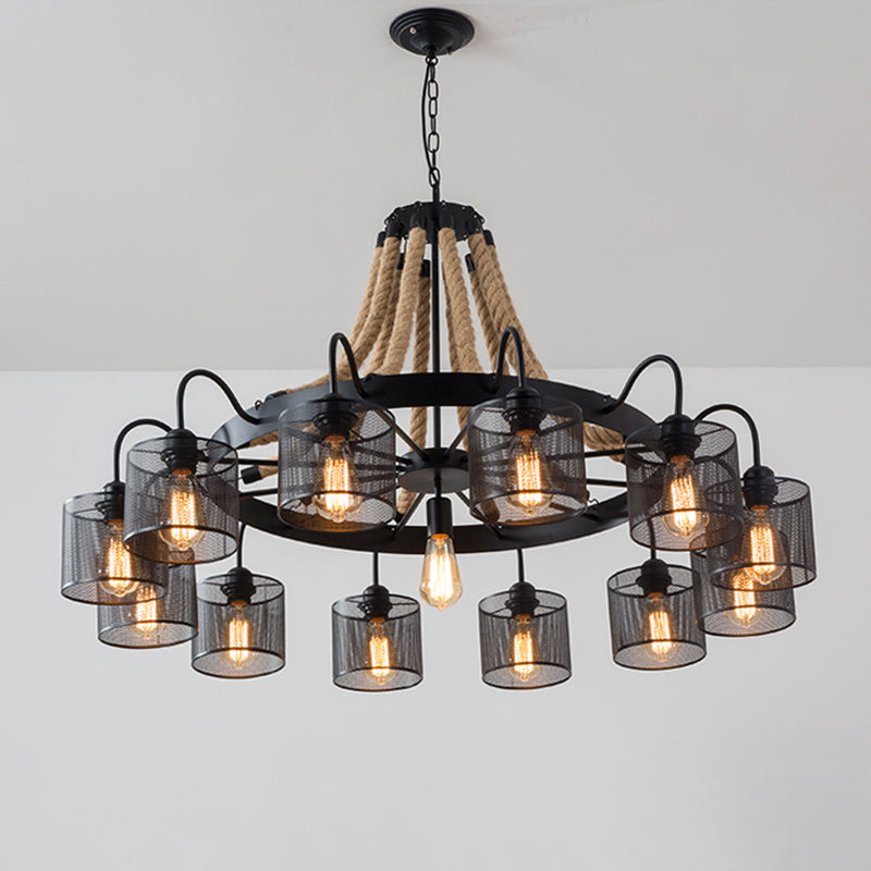 8/12-Light Cylinder Hanging Chandelier Factory Black Metal Mesh Suspension Pendant for Restaurant with Rope Cord