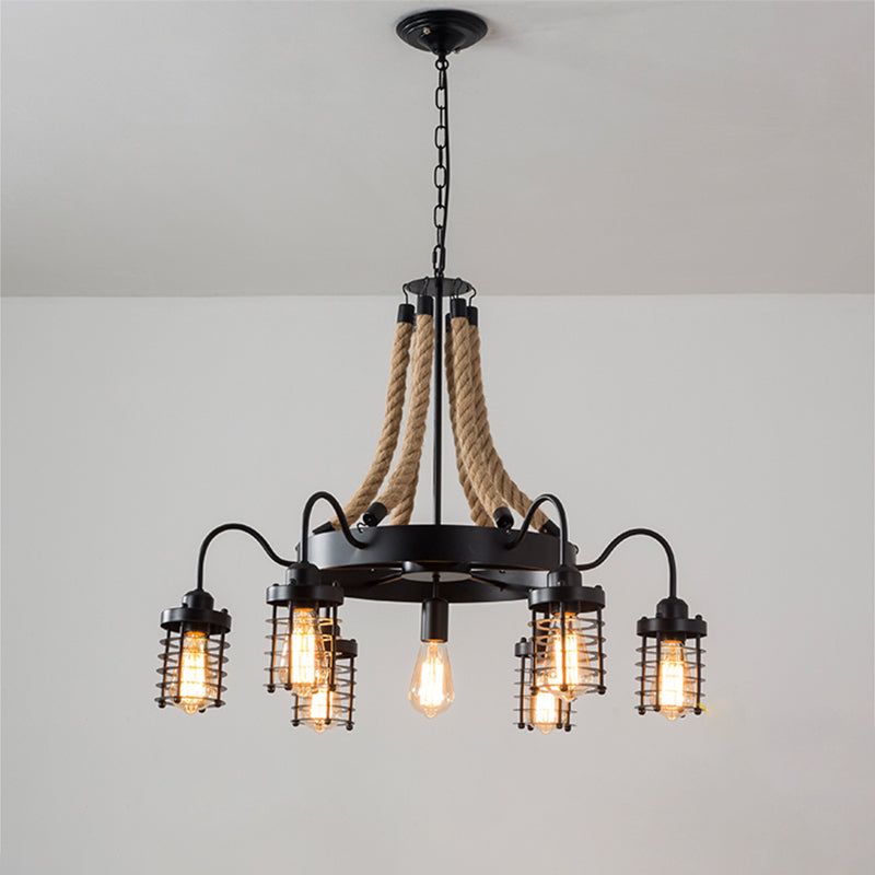 7/9 Heads Metal Ceiling Chandelier Vintage Black Cylinder Cage Rope Suspension Lamp with Wagon Wheel