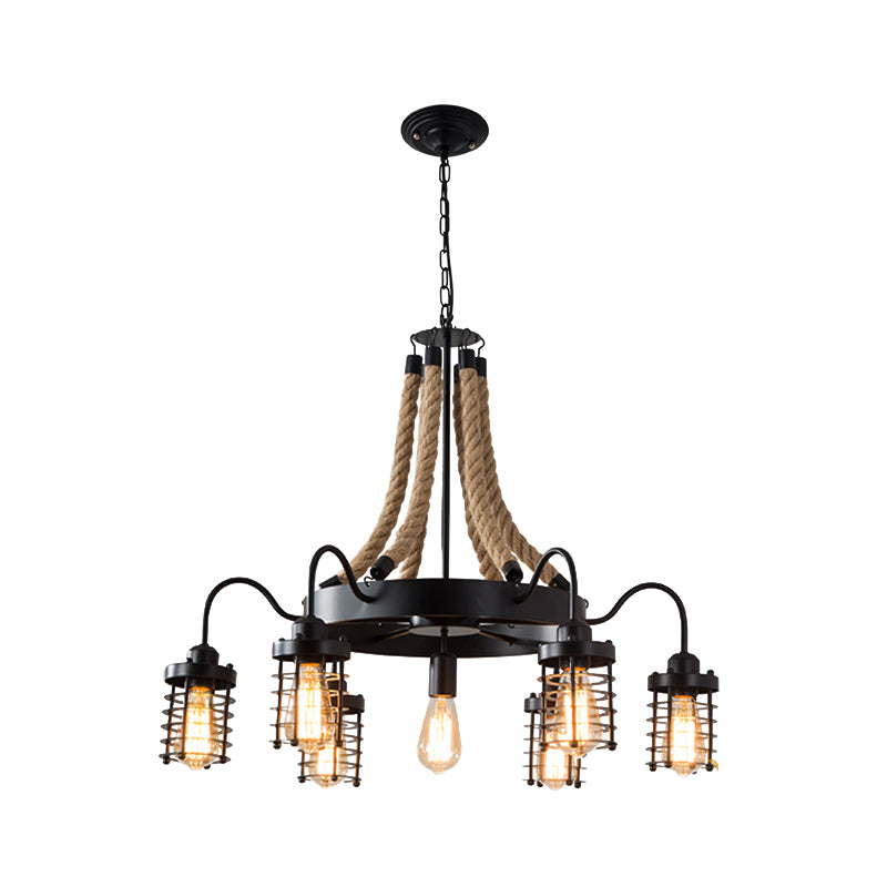 7/9 Heads Metal Ceiling Chandelier Vintage Black Cylinder Cage Rope Suspension Lamp with Wagon Wheel