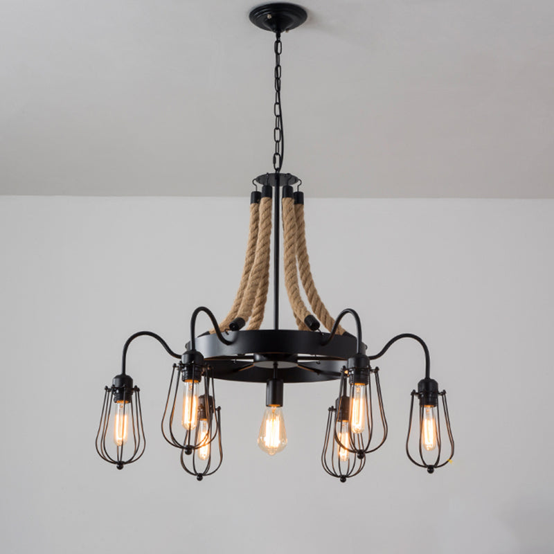 9/13 Lights Rope Chandelier Farm Style Bulb Cage Metallic Pendant Light Fixture in Black with Wheel Design