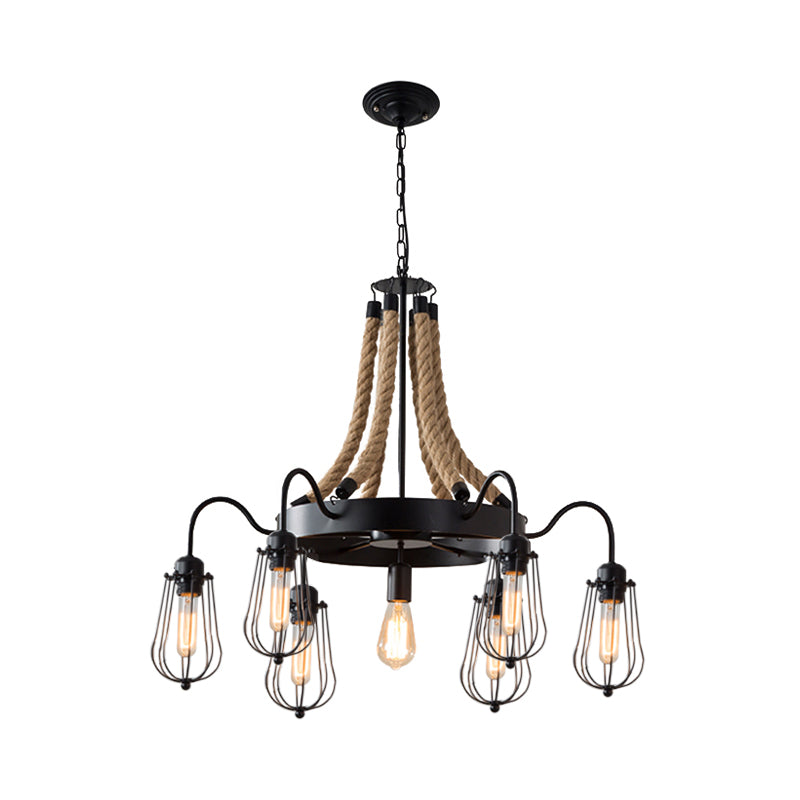 9/13 Lights Rope Chandelier Farm Style Bulb Cage Metallic Pendant Light Fixture in Black with Wheel Design