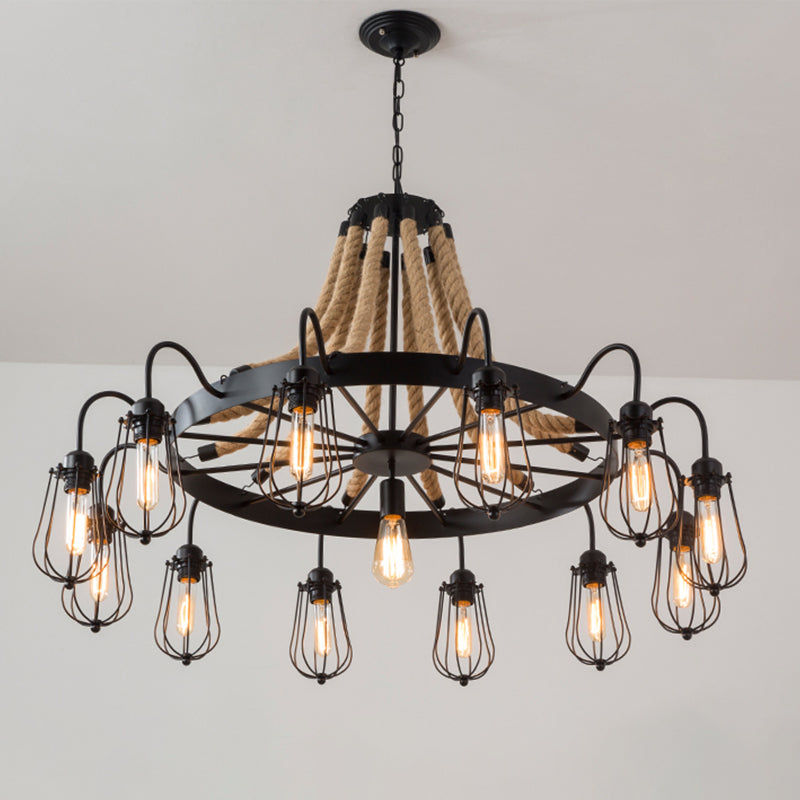 9/13 Lights Rope Chandelier Farm Style Bulb Cage Metallic Pendant Light Fixture in Black with Wheel Design