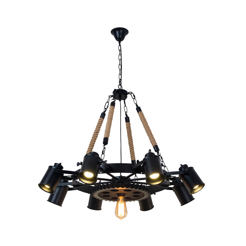 Cylinder Living Room Chandelier Light Rustic Iron 9 Heads Black Rope Ceiling Lighting Fixture with Gear Deco