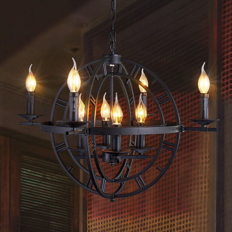 Industrial Globe Cage Chandelier Lighting Fixture 6-Bulb Iron Ceiling Light in Bronze/Black with Candle Design