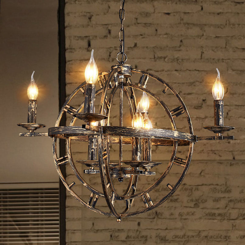 Industrial Globe Cage Chandelier Lighting Fixture 6-Bulb Iron Ceiling Light in Bronze/Black with Candle Design