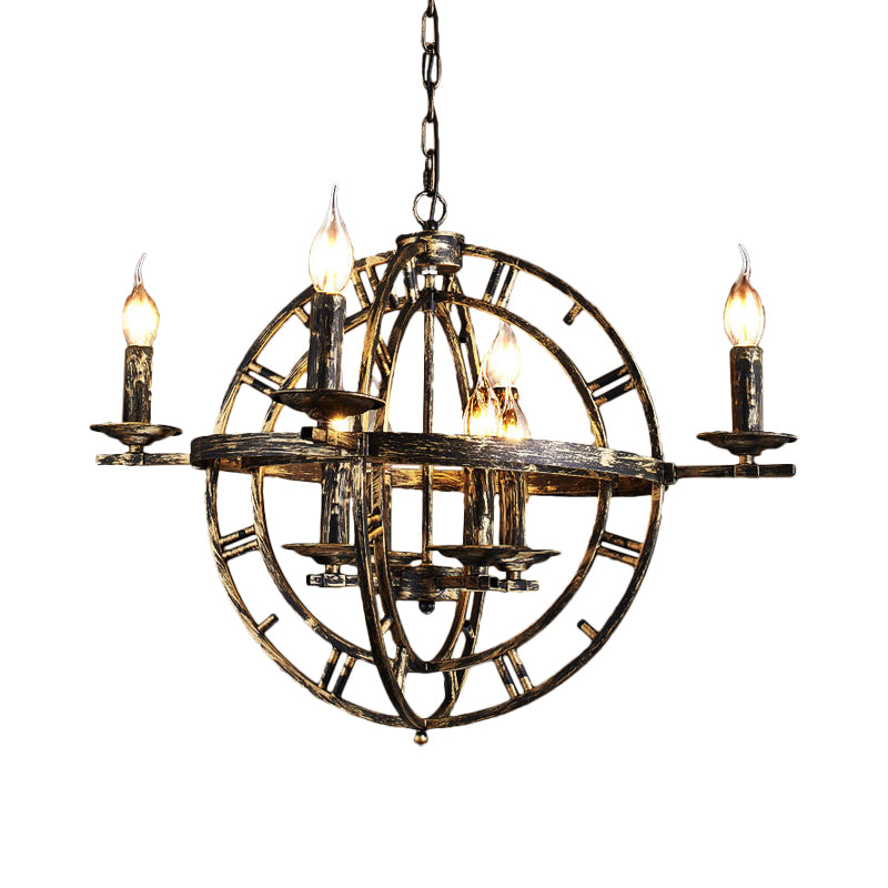 Industrial Globe Cage Chandelier Lighting Fixture 6-Bulb Iron Ceiling Light in Bronze/Black with Candle Design