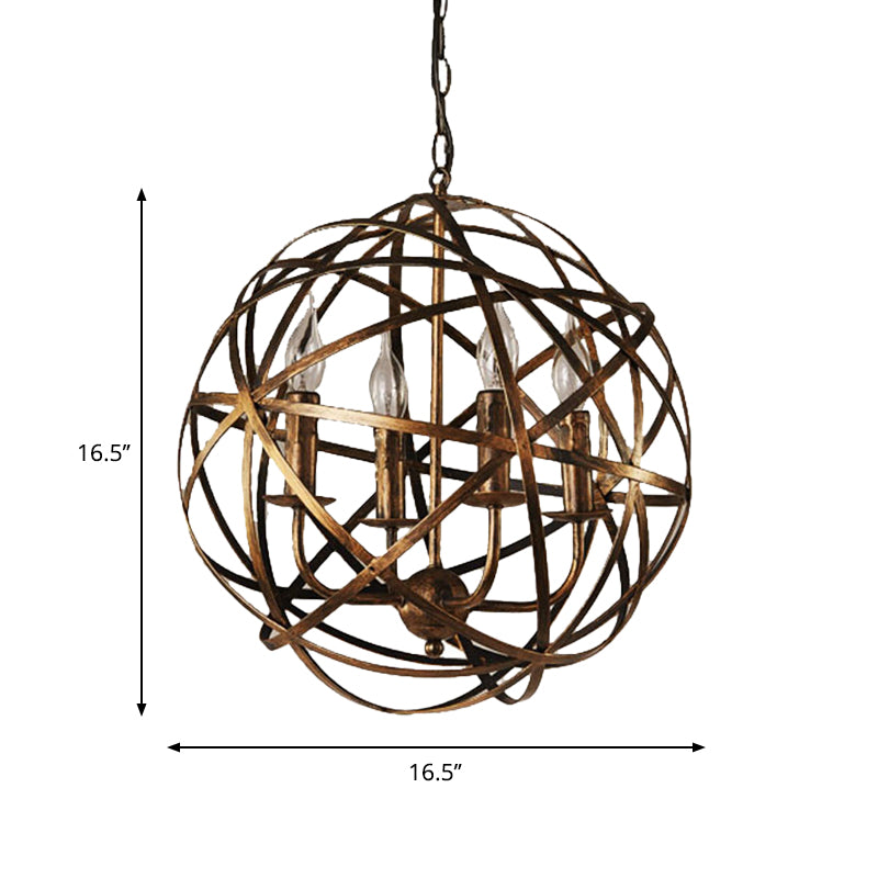 4 Lights Globe Cage Pendant Chandelier Factory Bronze Metal Ceiling Lighting Fixture for Restaurant