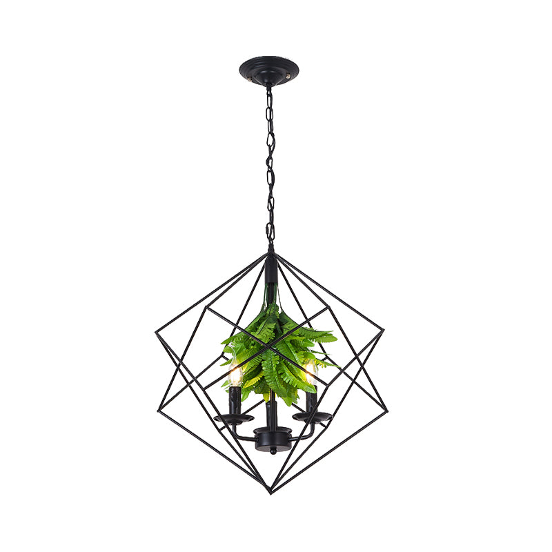 Rhombus Cage Metal Chandelier Rustic 3 Lights Restaurant Hanging Pendant Light in Black with Green Leaf Deco