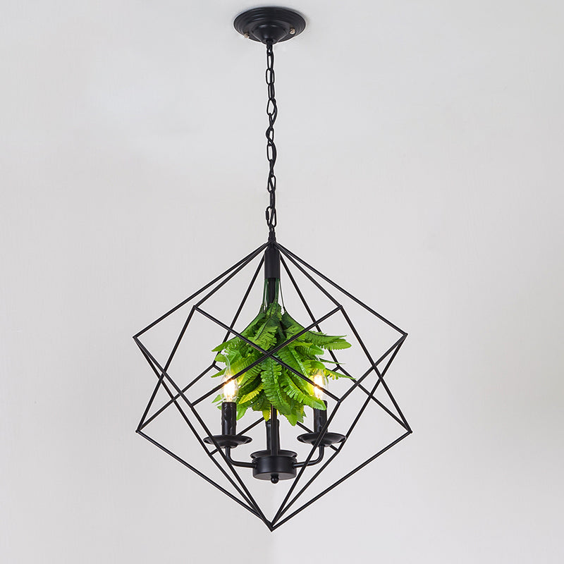 Rhombus Cage Metal Kroonluchter Rustiek 3 Lichten Restaurant Hangend Licht in zwart met groen blad deco