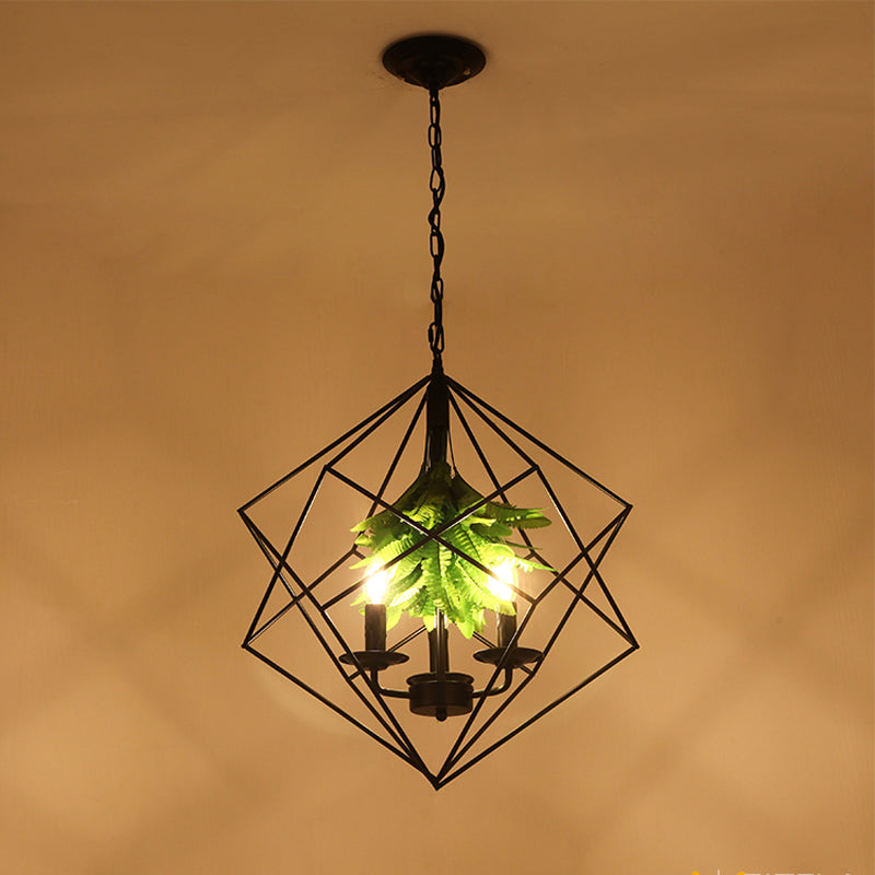 Rhombus Cage Metal Chandelier Rustic 3 Lights Restaurant suspension Pendre Lumière en noir avec feuille verte Déco