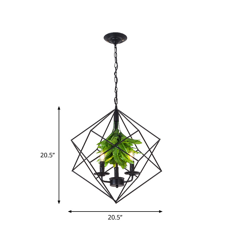 Rhombus Cage Metal Chandelier Rustic 3 Lights Restaurant Hanging Pendant Light in Black with Green Leaf Deco