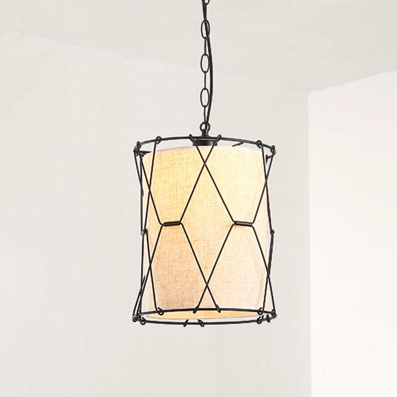 Metalen gekruiste drumkooi hanger boerderij 10 "/16,5" w 1 lichte eetkamer hangende lamp in beige met stofschaduw