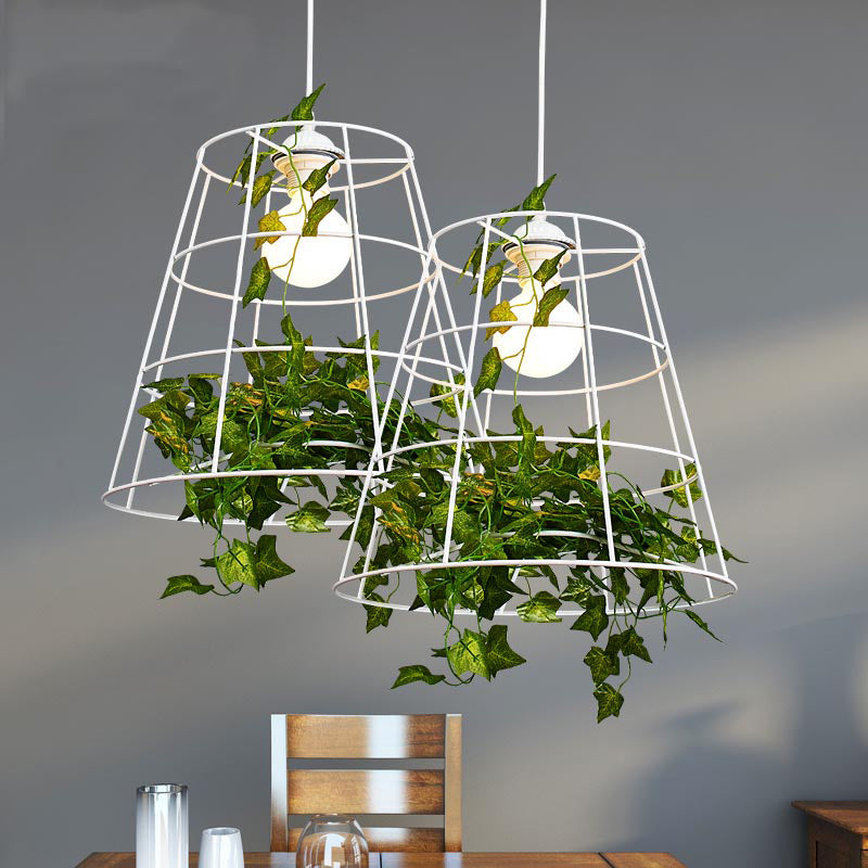 Loft Barrel Cage Suspension Pendant 1 Bulb Iron Hanging Ceiling Light in White with Green Leaf Deco