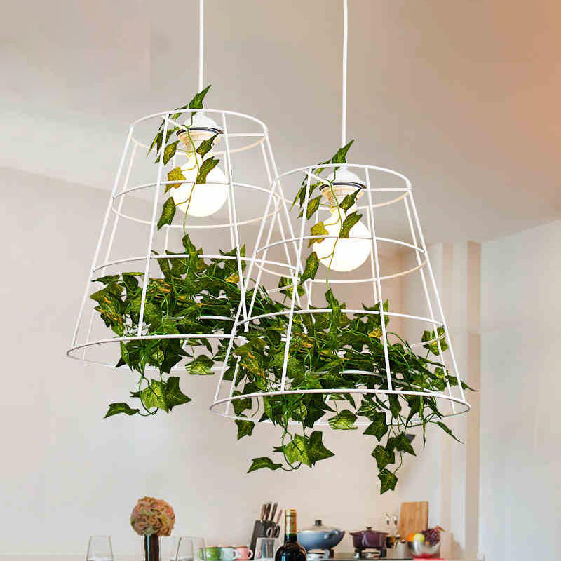 Loft Barrel Cage Suspension Pendant 1 Bulb Iron Hanging Ceiling Light in White with Green Leaf Deco