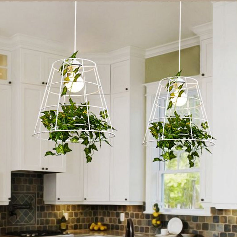 Loft vat kooi suspensie hanger 1 lamp ijzer hangend plafondlicht in wit met groen blad deco