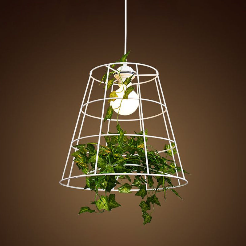 Loft Barrel Cage Suspension Pendant 1 Bulb Iron Hanging Ceiling Light in White with Green Leaf Deco