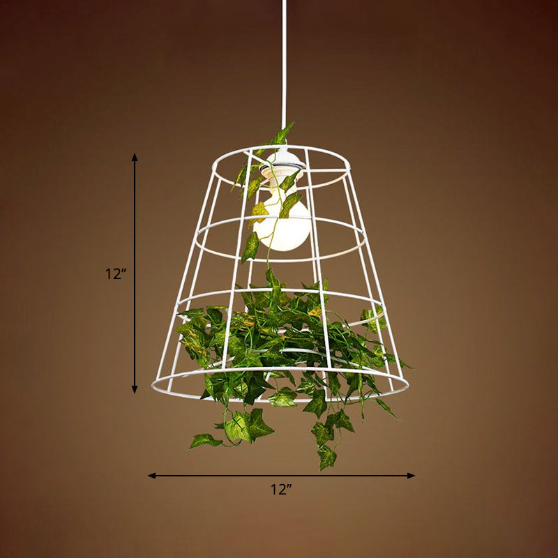 Loft Barrel Cage Suspension Pendant 1 Bulb Iron Hanging Ceiling Light in White with Green Leaf Deco