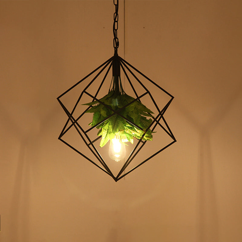 1-Bulb Diamond Cage Ceiling Pendant Light Farm Black Finish Metallic Hanging Lamp Kit with Green Plant Deco