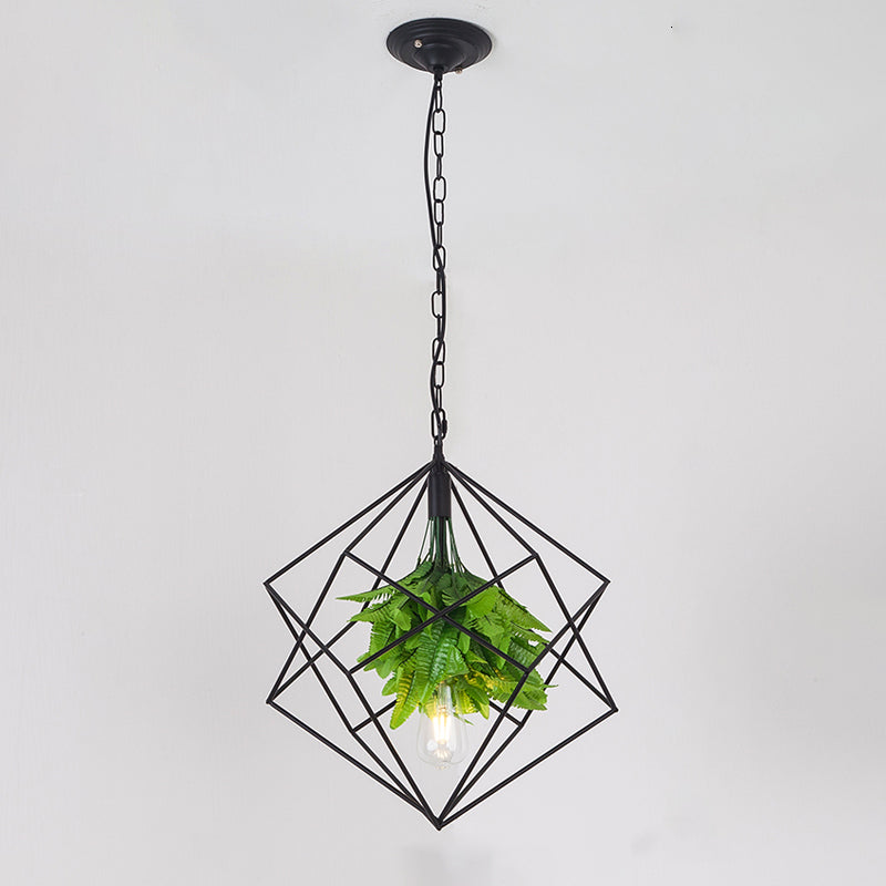 1-Bulb Diamond Cage Ceiling Pendant Light Farm Black Finish Metallic Hanging Lamp Kit with Green Plant Deco