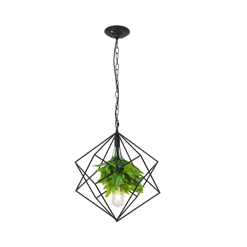 1-Bulb Diamond Cage Ceiling Pendant Light Farm Black Finish Metallic Hanging Lamp Kit with Green Plant Deco