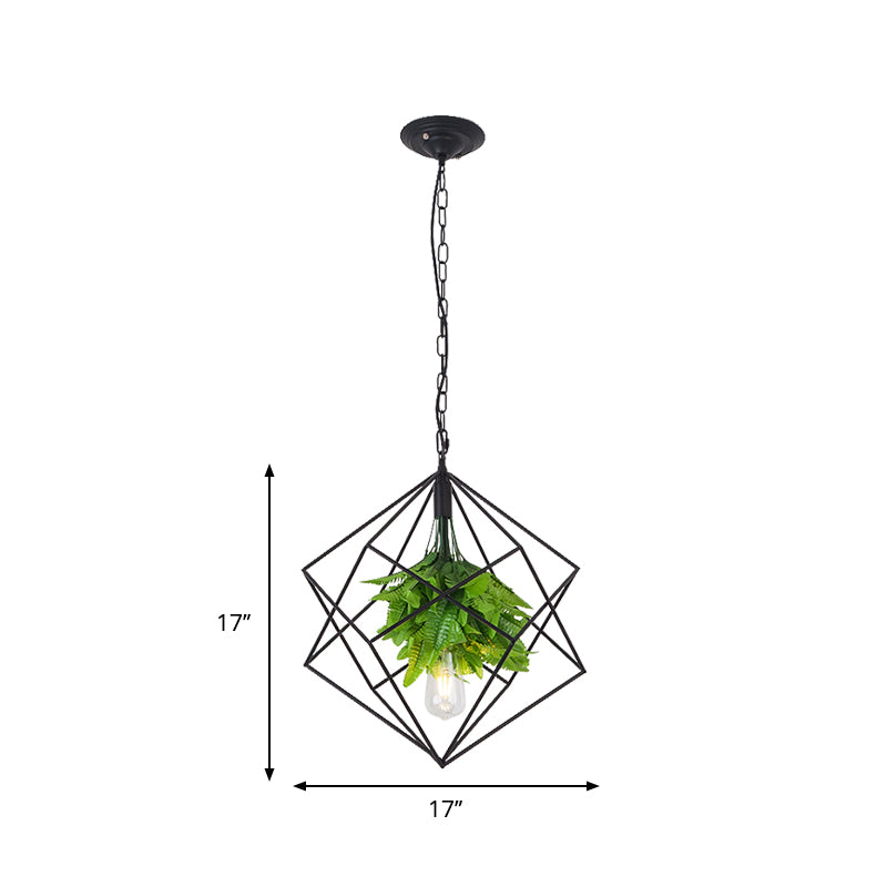 1-Bulb Diamond Cage Ceiling Pendant Light Farm Black Finish Metallic Hanging Lamp Kit with Green Plant Deco