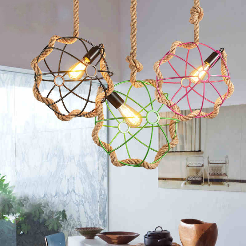 1-Light Metal Pendant Lamp Industrial Black/Pink/Green Globe Cage Restaurant Down Lighting with Rope Cord