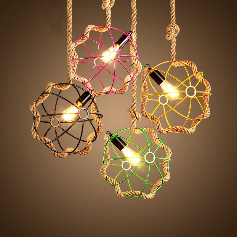 1-Light Metal Pendant Lamp Industrial Black/Pink/Green Globe Cage Restaurant Down Lighting with Rope Cord