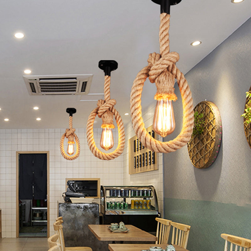 Exposed Bulb Rope Ceiling Pendant Loft 1 Light Restaurant Adjustable Hanging Light Fixture in Black with Ring Design