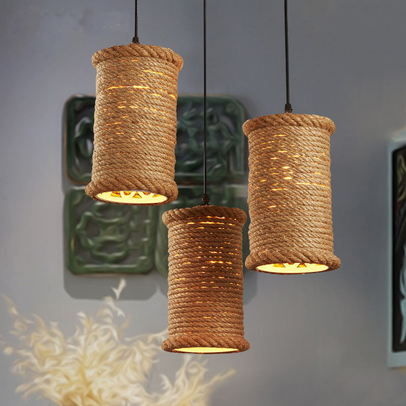 Brown Cylinder Ceiling Pendant Light Farm Style Rope 1 Head Dining Room Metal Hanging Lighting