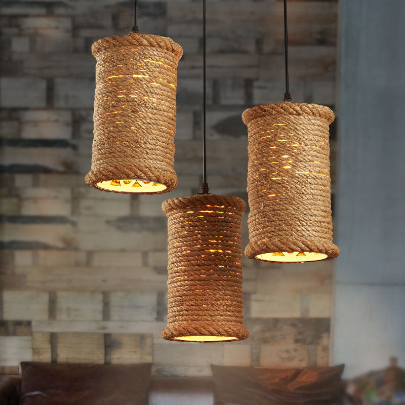 Brown Cylinder Ceiling Pendant Light Farm Style Rope 1 Head Dining Room Metal Hanging Lighting