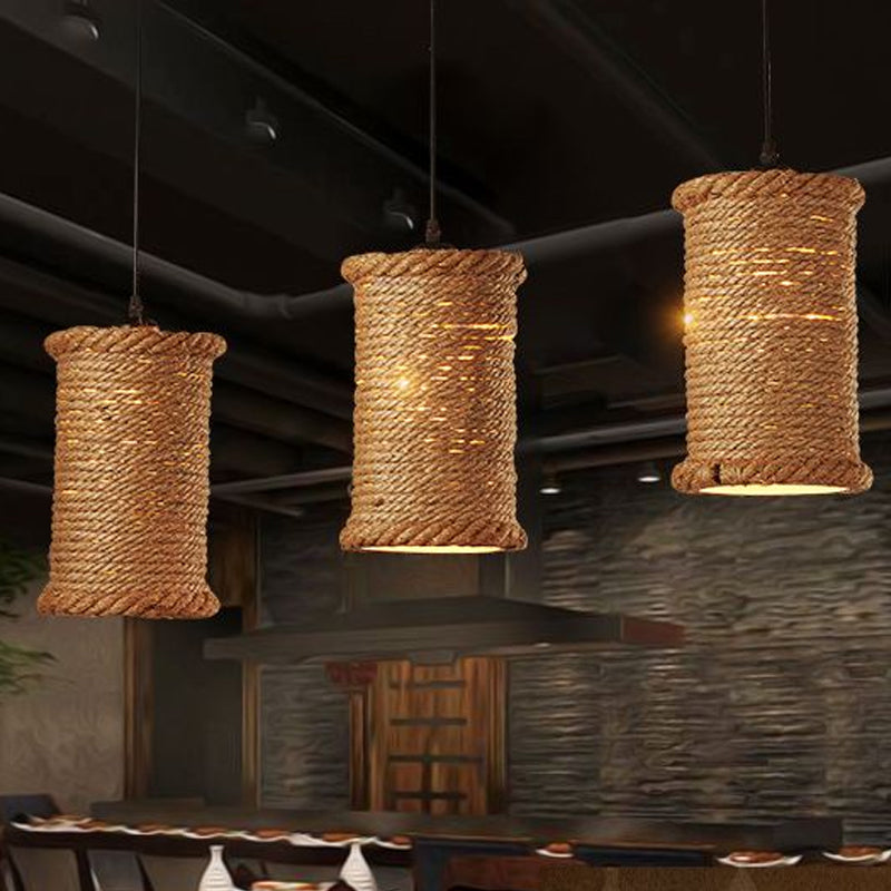 Brown Cylinder Ceiling Pendant Light Farm Style Rope 1 Head Dining Room Metal Hanging Lighting