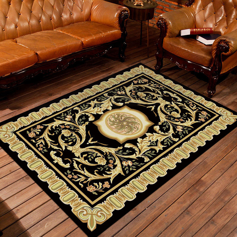 Moroccan Living Room Rug in Black and Yellow Floral Leaf Motif Print Carpet Polyester Area Rug