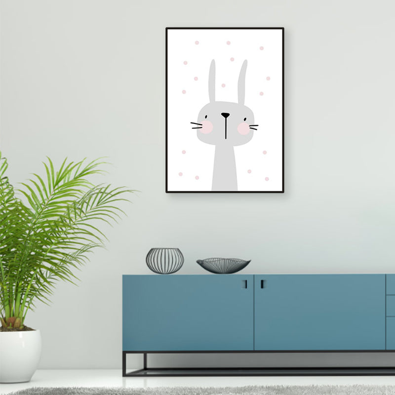 Cartoon Rabbit Painting Gray Children's Art Style Wrapped Canvas for Family Room