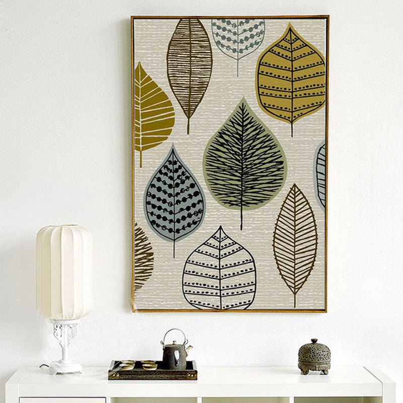 Beige Leaves Print Painting Textured Contemporary Style Living Room Wrapped Canvas