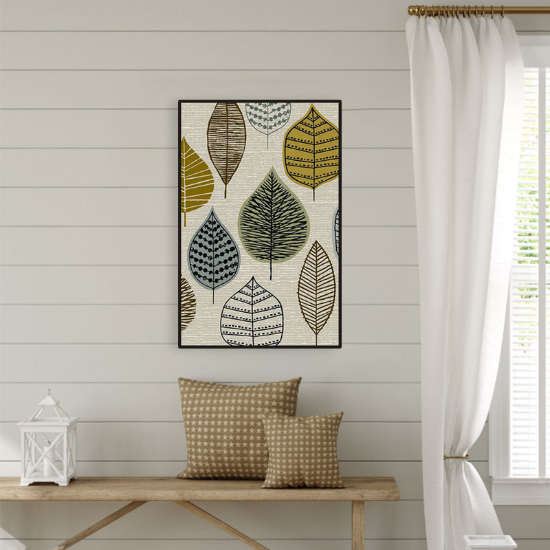 Beige Leaves Print Painting Textured Contemporary Style Living Room Wrapped Canvas