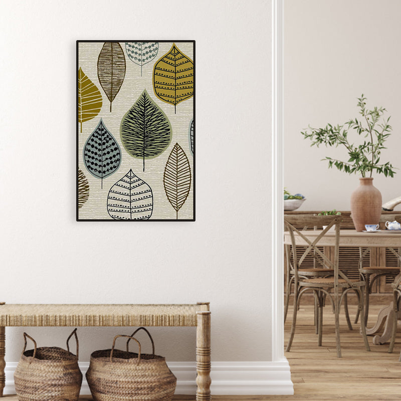 Beige Leaves Print Painting Textured Contemporary Style Living Room Wrapped Canvas