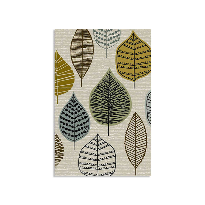 Beige Leaves Print Painting Textured Contemporary Style Living Room Wrapped Canvas