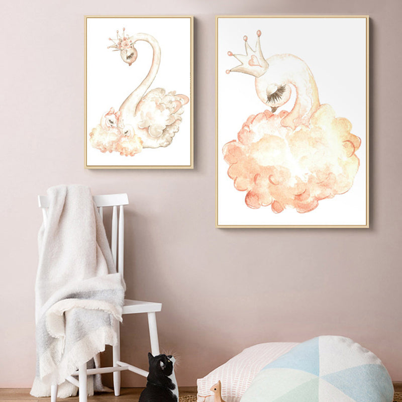 Swan with Crown Print Painting Kids Style Animal Textured Canvas Wall Decor for Room