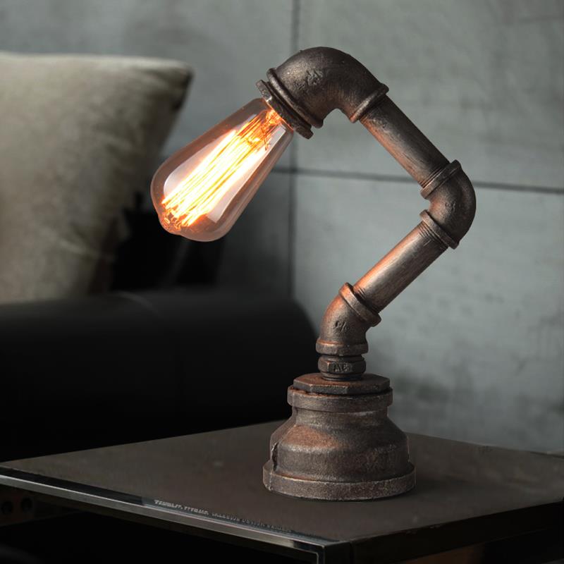 Industrial Water Pipe Table Lighting with Exposed Bulb 1 Light Wrought Iron Mini Standing Table Light in Bronze