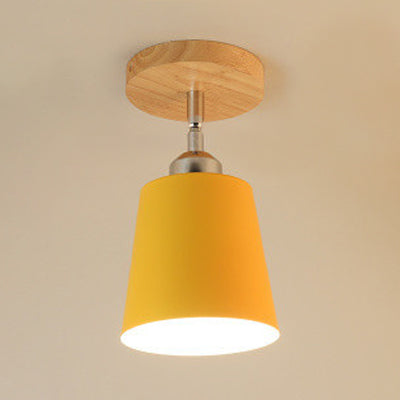 Metal Tapered Semi-Flush Mount Macaron Style 1 Bulb Bedroom Semi-Flush Ceiling Light in Yellow/Pink