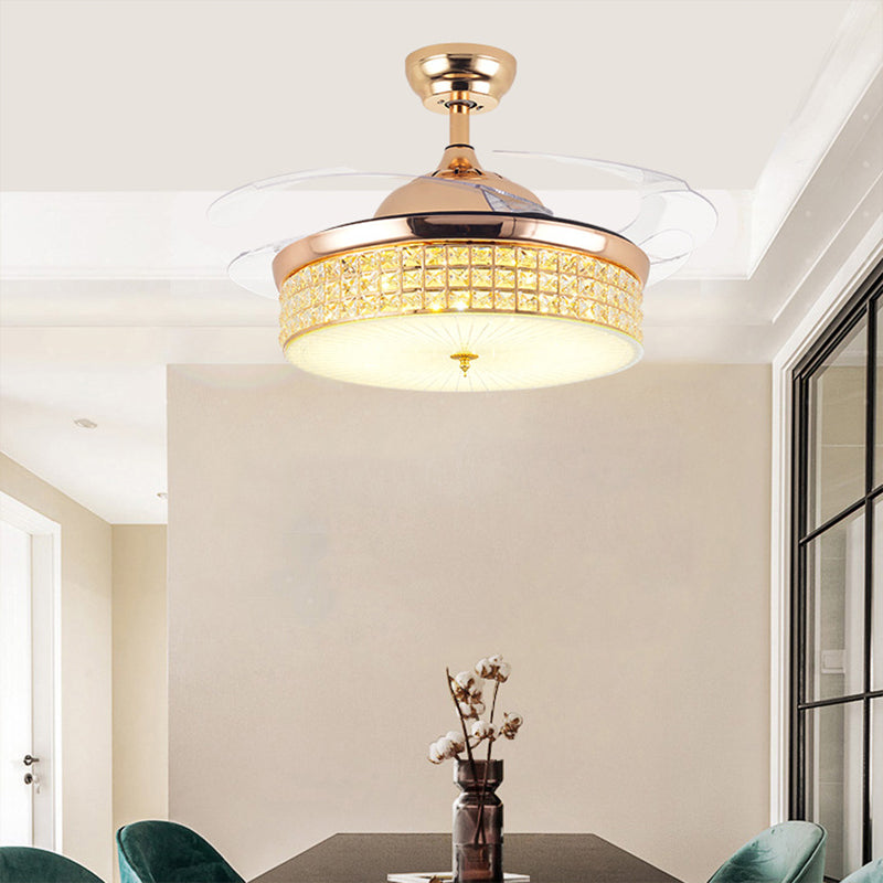 Crystal Round Ceiling Fan Light Contemporary LED Ceiling Mounted Fixture in Gold with 4 Acrylic Blades