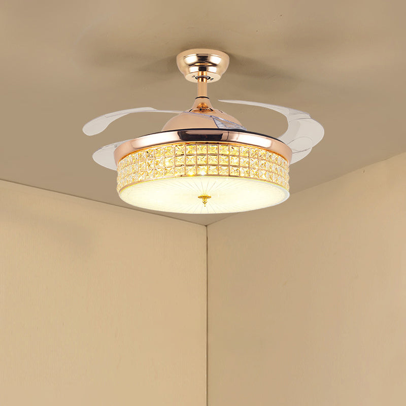 Crystal Round Ceiling Fan Light Contemporary LED Ceiling Mounted Fixture in Gold with 4 Acrylic Blades