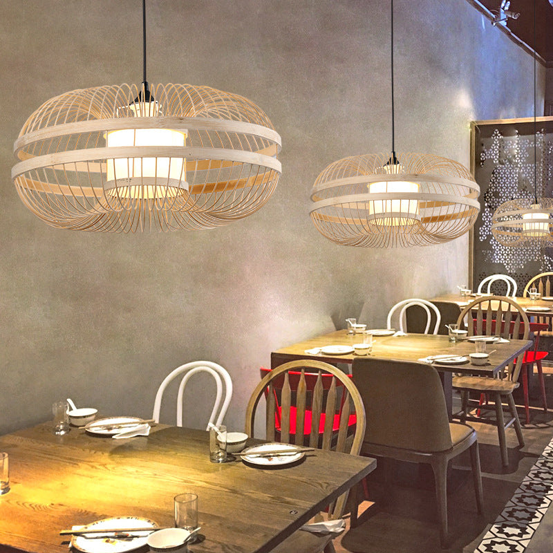 Bambou Cylinder / Lantern / Drum Pendant style japonais 1 ampoule plafond suspendu en beige pour le restaurant