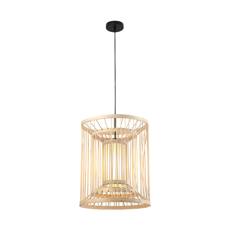 Bambou Cylinder / Lantern / Drum Pendant style japonais 1 ampoule plafond suspendu en beige pour le restaurant