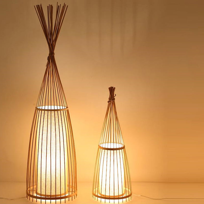 Planchers en forme de poisson noir / beige Light Asie Asie Bulb Bamboo Stand Up Lampe for Living Room, 12 "/ 15" W