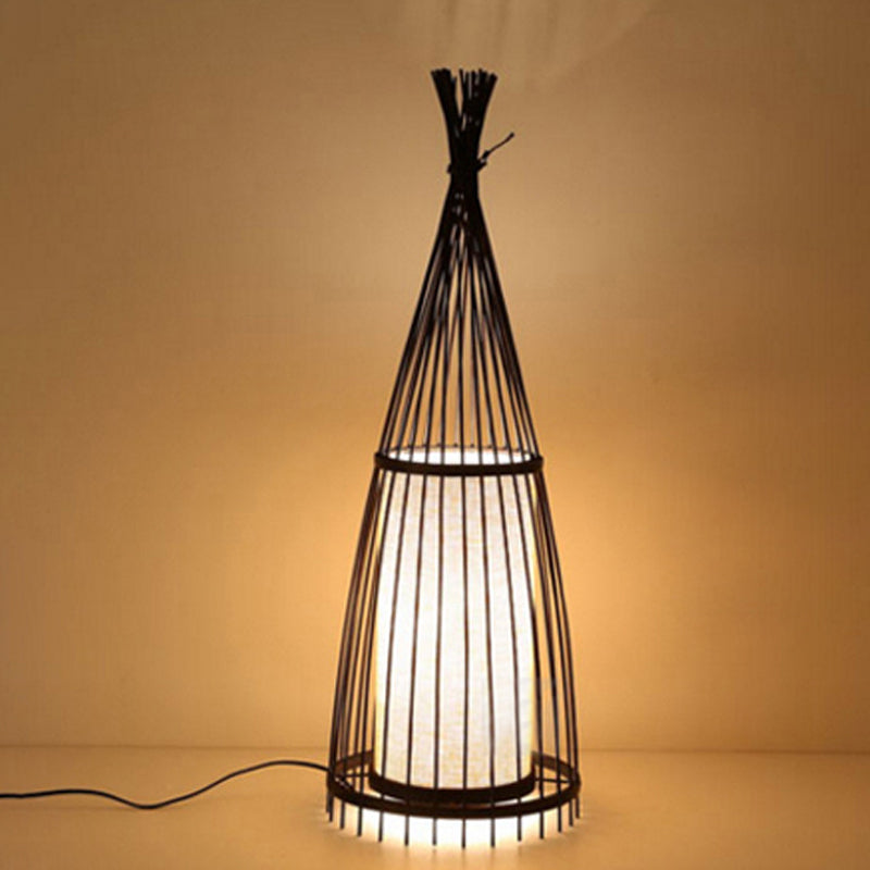 Schwarz/beige fischgeformte Bodenlicht Asien Single-Bulb-Bambus-Stand-up-Lampe für Wohnzimmer, 12 "/15" W.